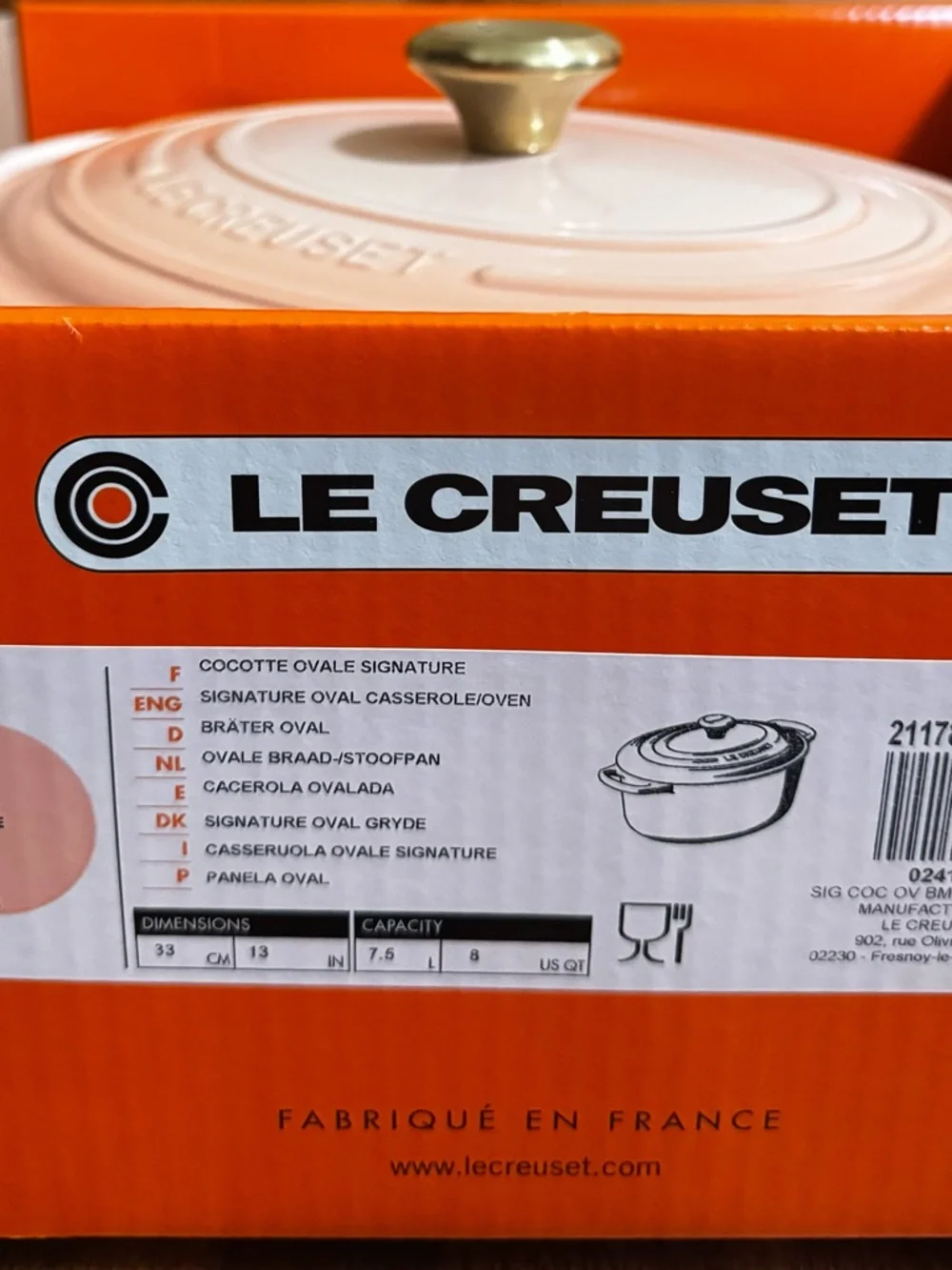 Le Creuset Peche Cast Iron Dutch Oven with Brass Knob 8 qt brand new